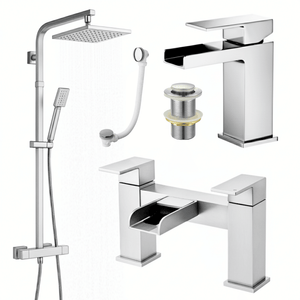 ARKO Waterfall Basin Mixer Tap, Bath Filler & Thermostatic Mixer Shower Set with Bath Waste – Chrome