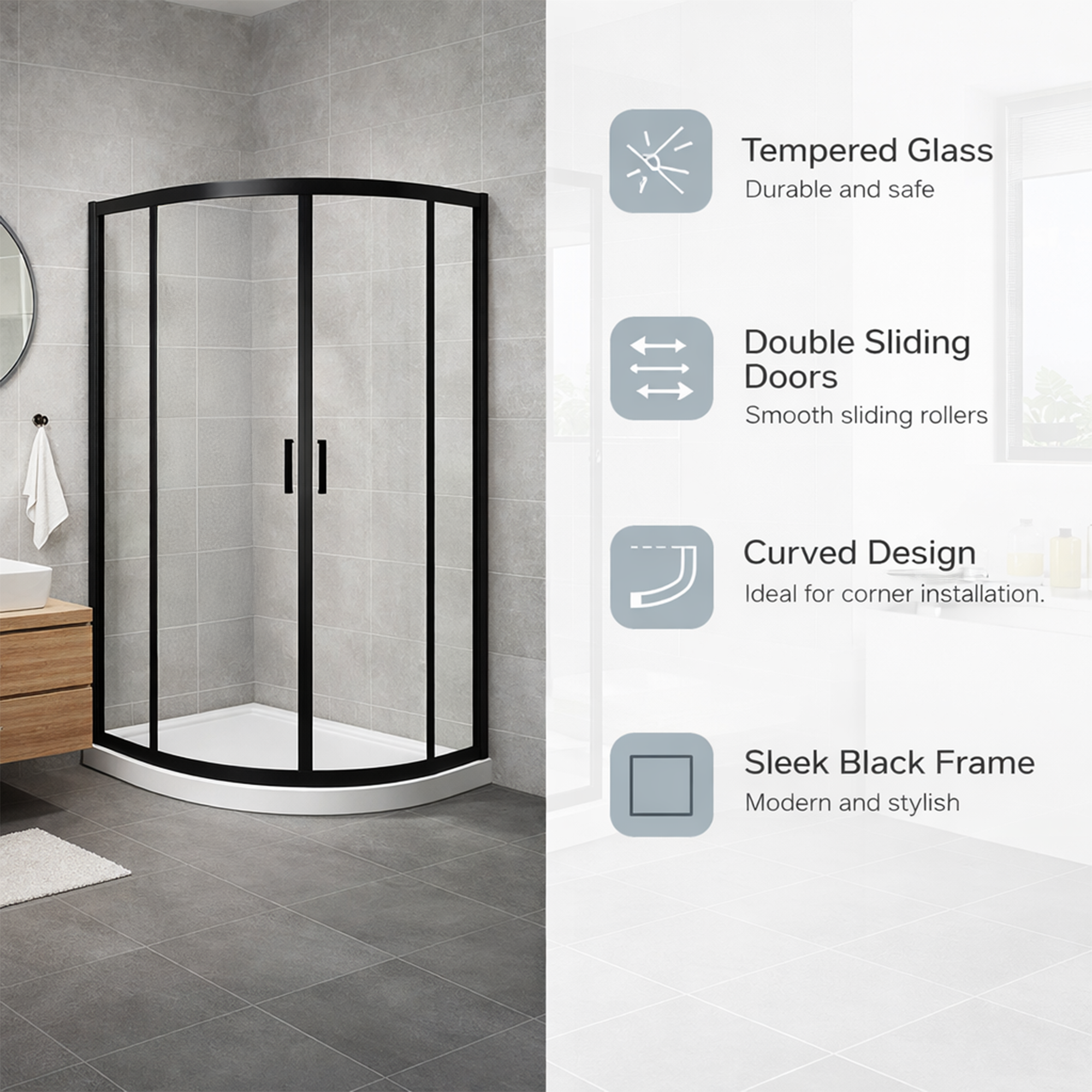 ARKO Round Rainfall Shower System with Handheld Spray & Curved Glass Sliding Shower Enclosure with Waste  - Matte Black