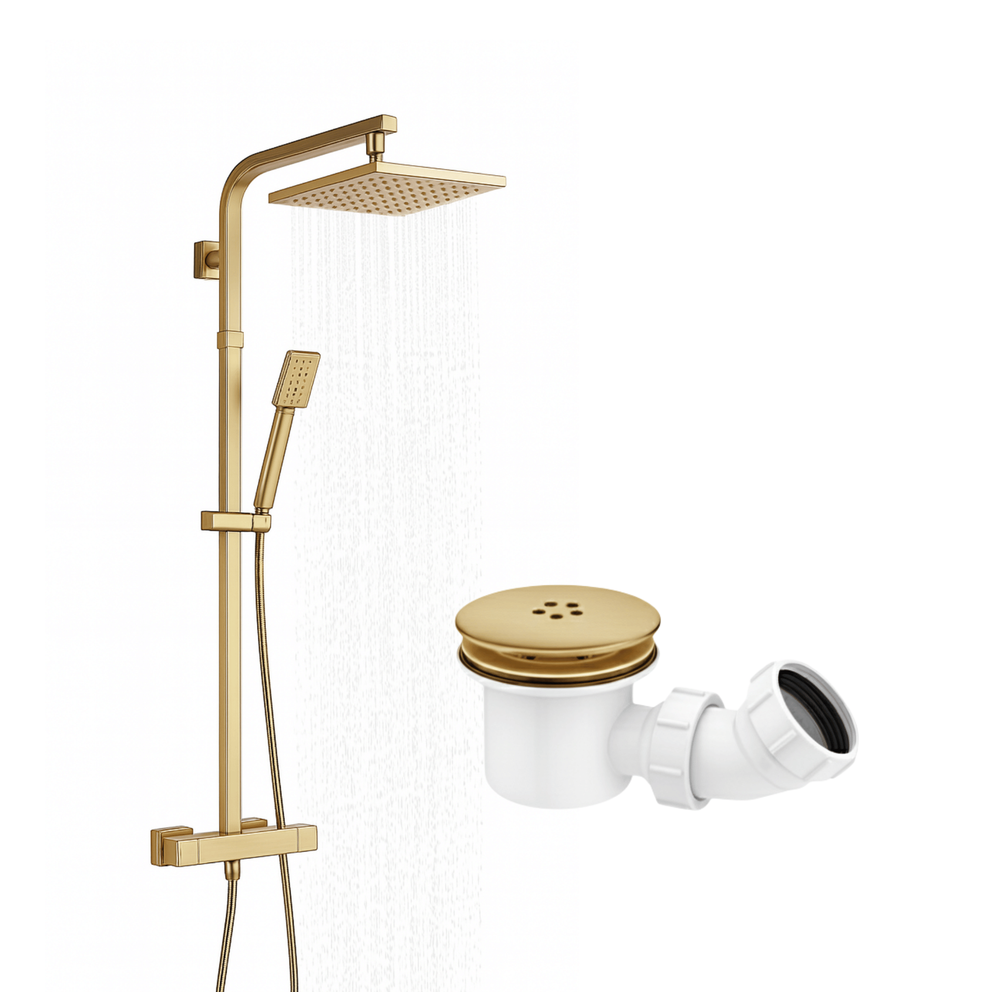 ARKO Bathroom Square Thermostatic Mixer Shower with Riser Rail, Shower Waste & Twin head - Brass