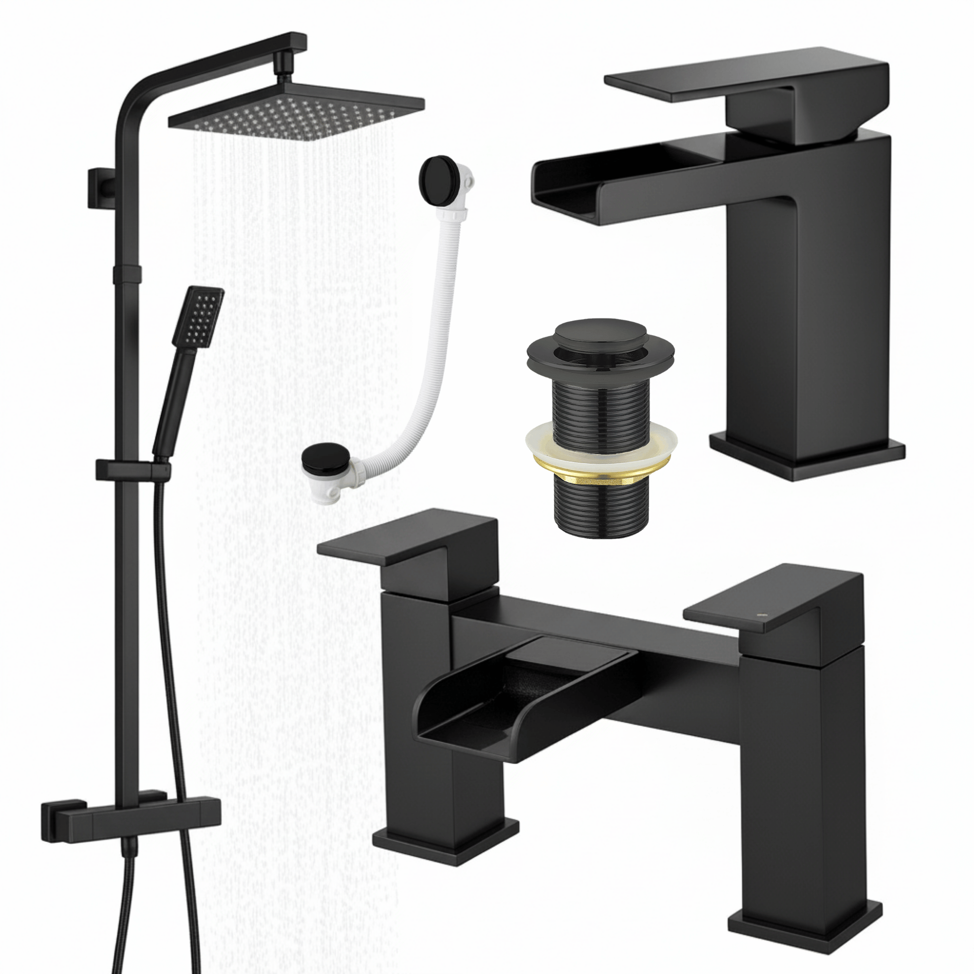 ARKO Waterfall Basin Mixer Tap, Bath Filler & Thermostatic Mixer Shower Set with Bath Waste – Black