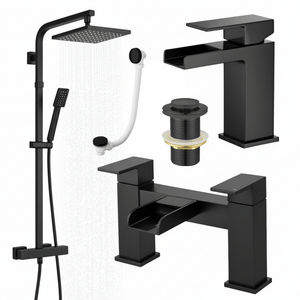 ARKO Waterfall Basin Mixer Tap, Bath Filler & Thermostatic Mixer Shower Set with Bath Waste – Black