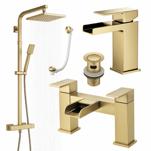 ARKO Waterfall Basin Mixer Tap, Bath Filler & Thermostatic Mixer Shower Set with Bath Waste – Brass