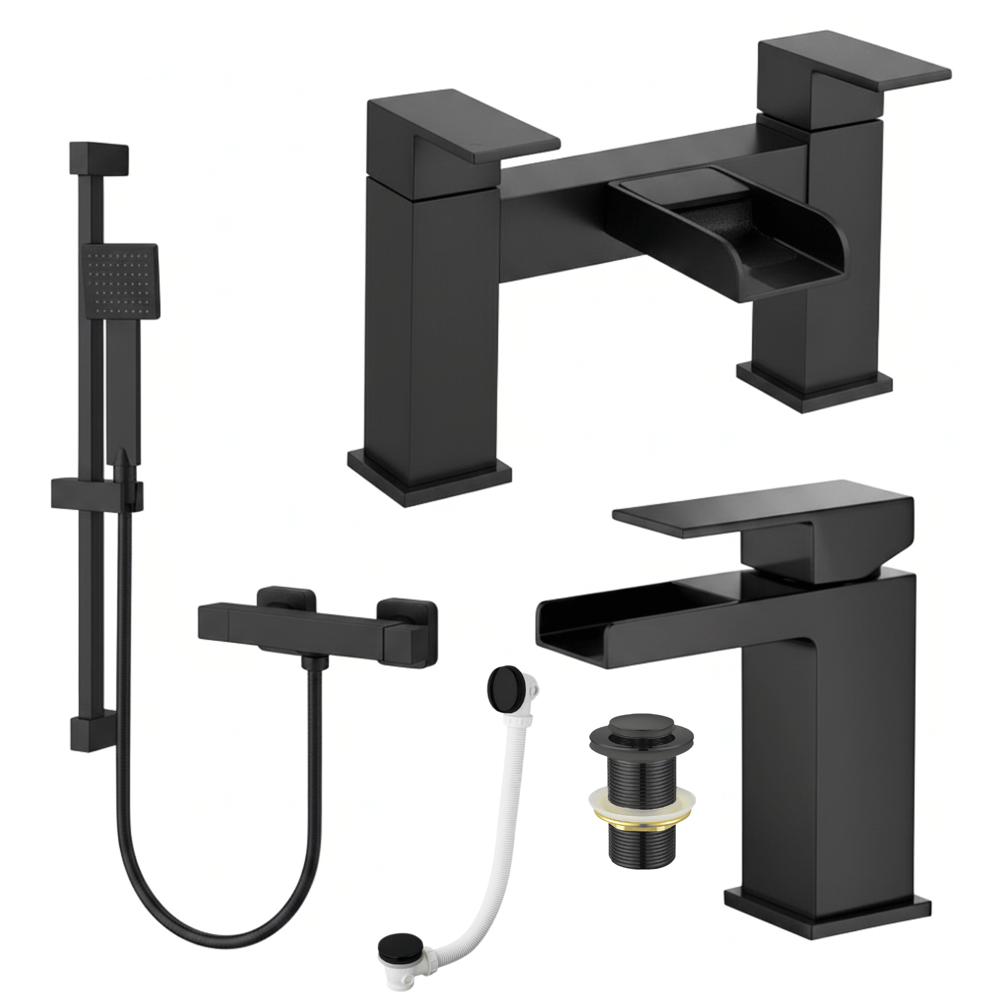 ARKO Waterfall Basin Mixer Tap, Bath Filler & Handheld Shower Set with Bath Waste – Black