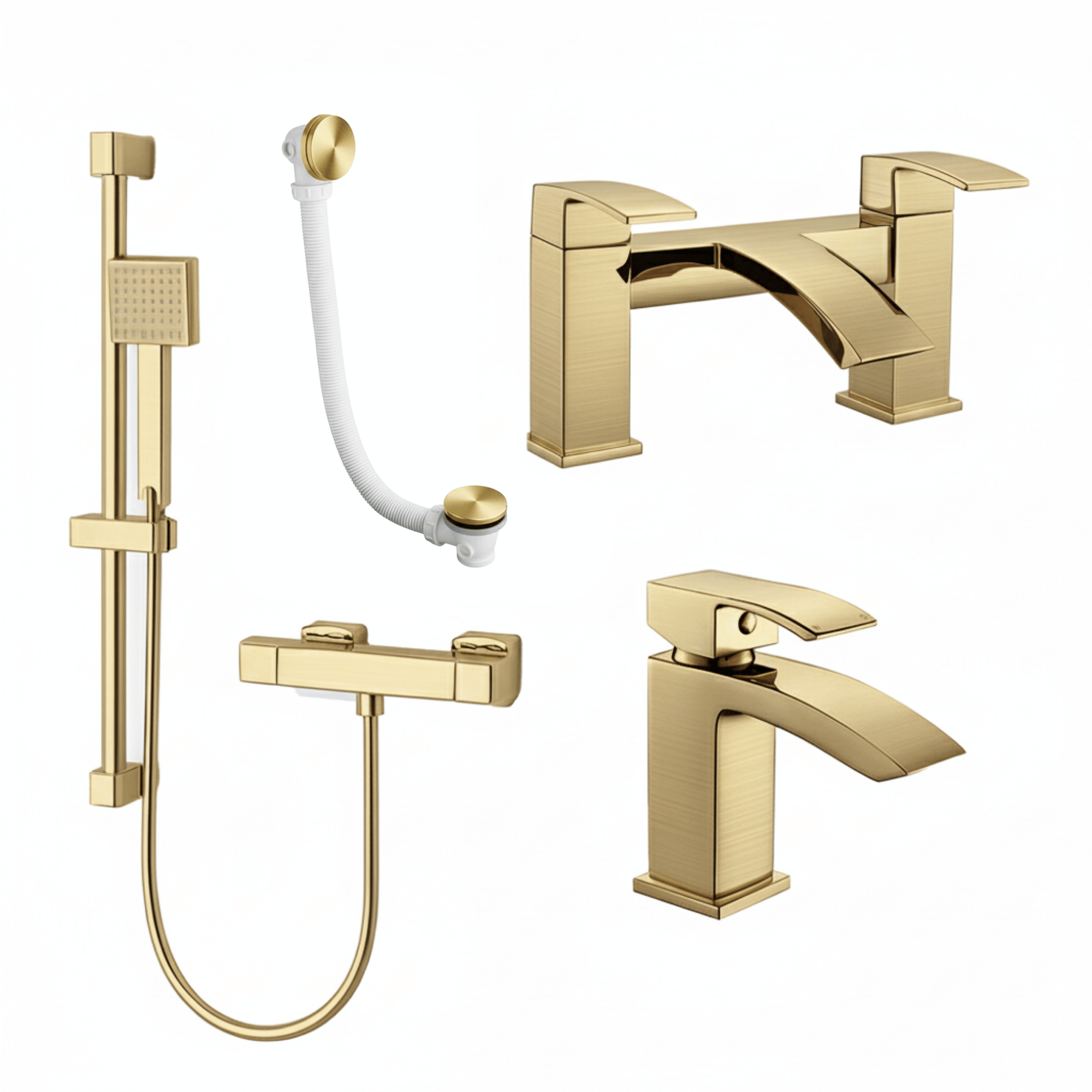 ARKO Vista Basin Mixer Tap, Bath Filler & Handheld Shower Set with Bath Waste – Brass
