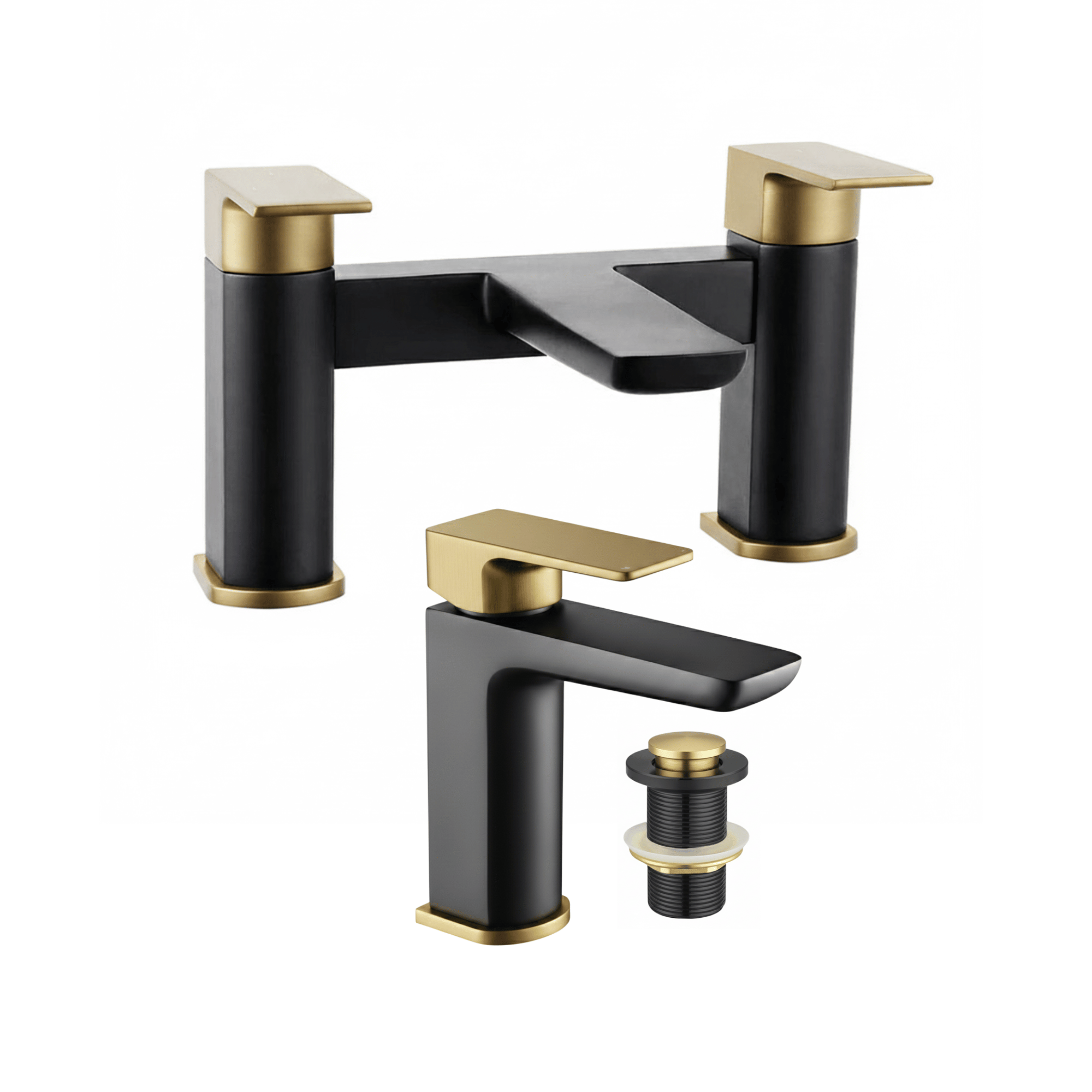 ARKO Bath and Basin Tap Set Waterfall Mixer Taps with Pop-Up Waste – Black & Brass