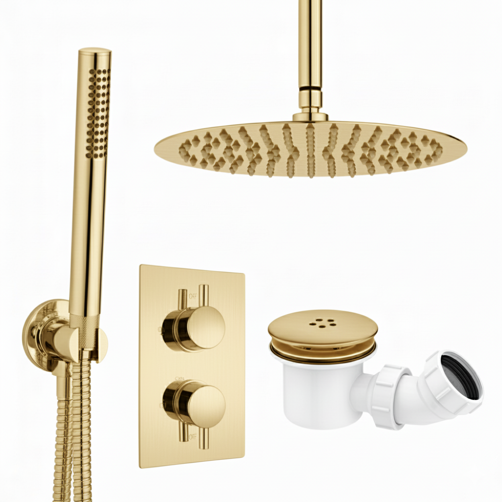ARKO Round Concealed Thermostatic Shower Mixer 2 Dial Twin Head with Valve, Handset & Shower Waste – Brass
