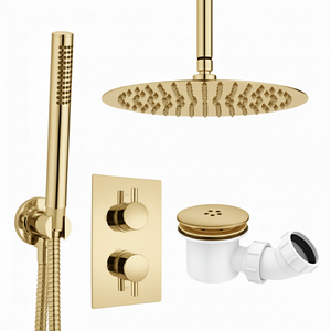 ARKO Round Concealed Thermostatic Shower Mixer 2 Dial Twin Head with Valve, Handset & Shower Waste – Brass