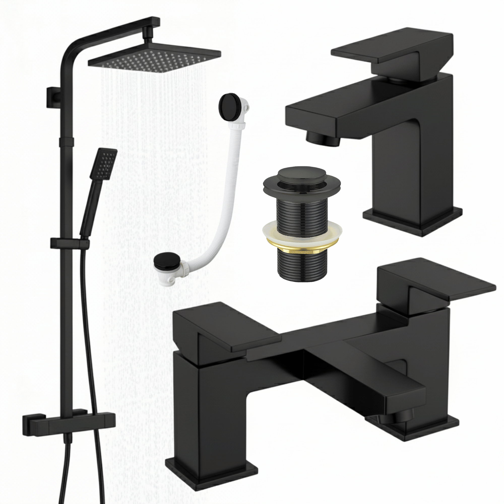ARKO Verda Basin Mixer Tap, Bath Filler & Thermostatic Mixer Shower Set with Bath Waste – Black