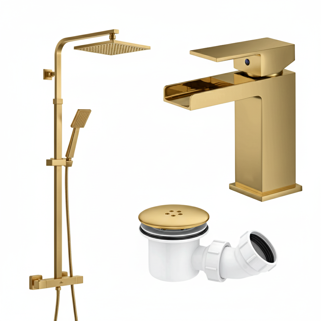 Arko Bathroom Waterfall Mixer Shower & Basin Mixer Tap Sets with Bath Shower Waste – Brass