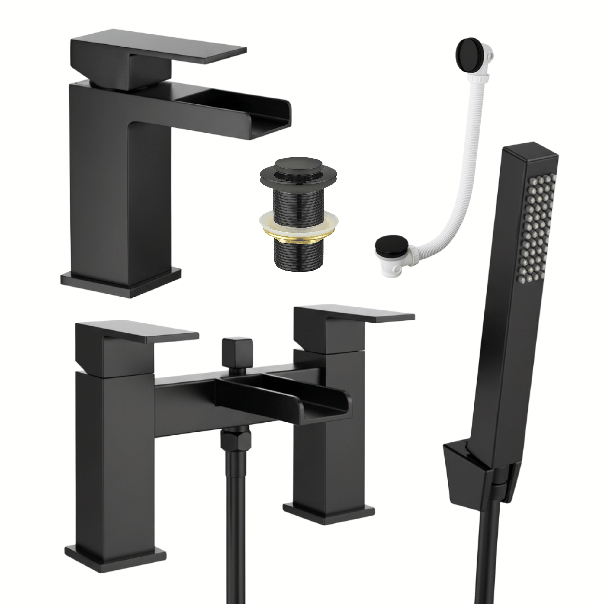 Arko Waterfall Basin Mixer Tap & Bath Shower Set with Bath Waste – Black