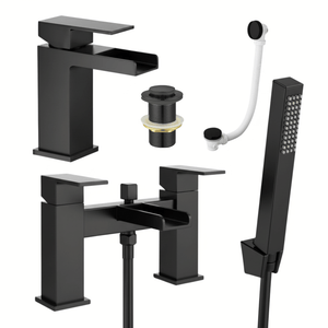 Arko Waterfall Basin Mixer Tap & Bath Shower Set with Bath Waste – Black