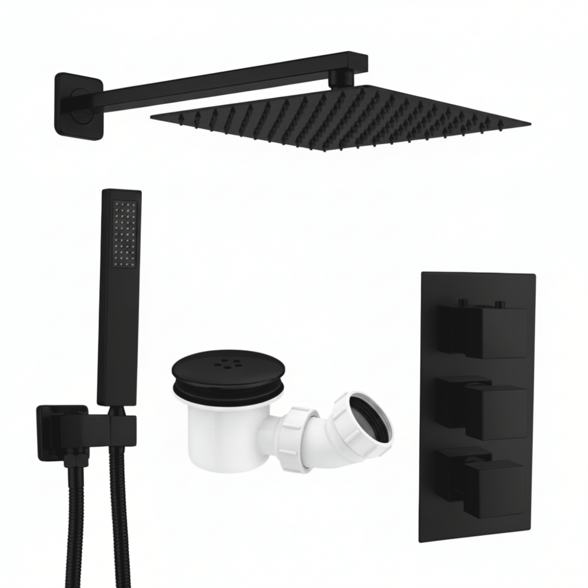 ARKO Square Concealed Thermostatic Shower Mixer 2 Dial Twin Head with Valve, Handset & Shower Waste – Black