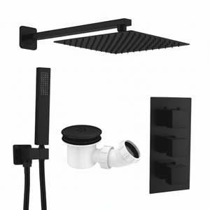 ARKO Square Concealed Thermostatic Shower Mixer 2 Dial Twin Head with Valve, Handset & Shower Waste – Black