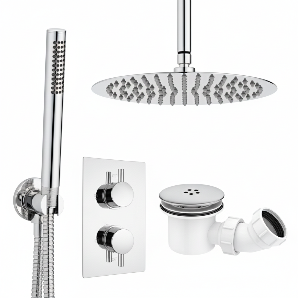ARKO Round Concealed Thermostatic Shower Mixer 2 Dial Twin Head with Valve, Handset & Shower Waste – Chrome