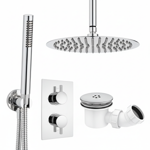 ARKO Round Concealed Thermostatic Shower Mixer 2 Dial Twin Head with Valve, Handset & Shower Waste – Chrome