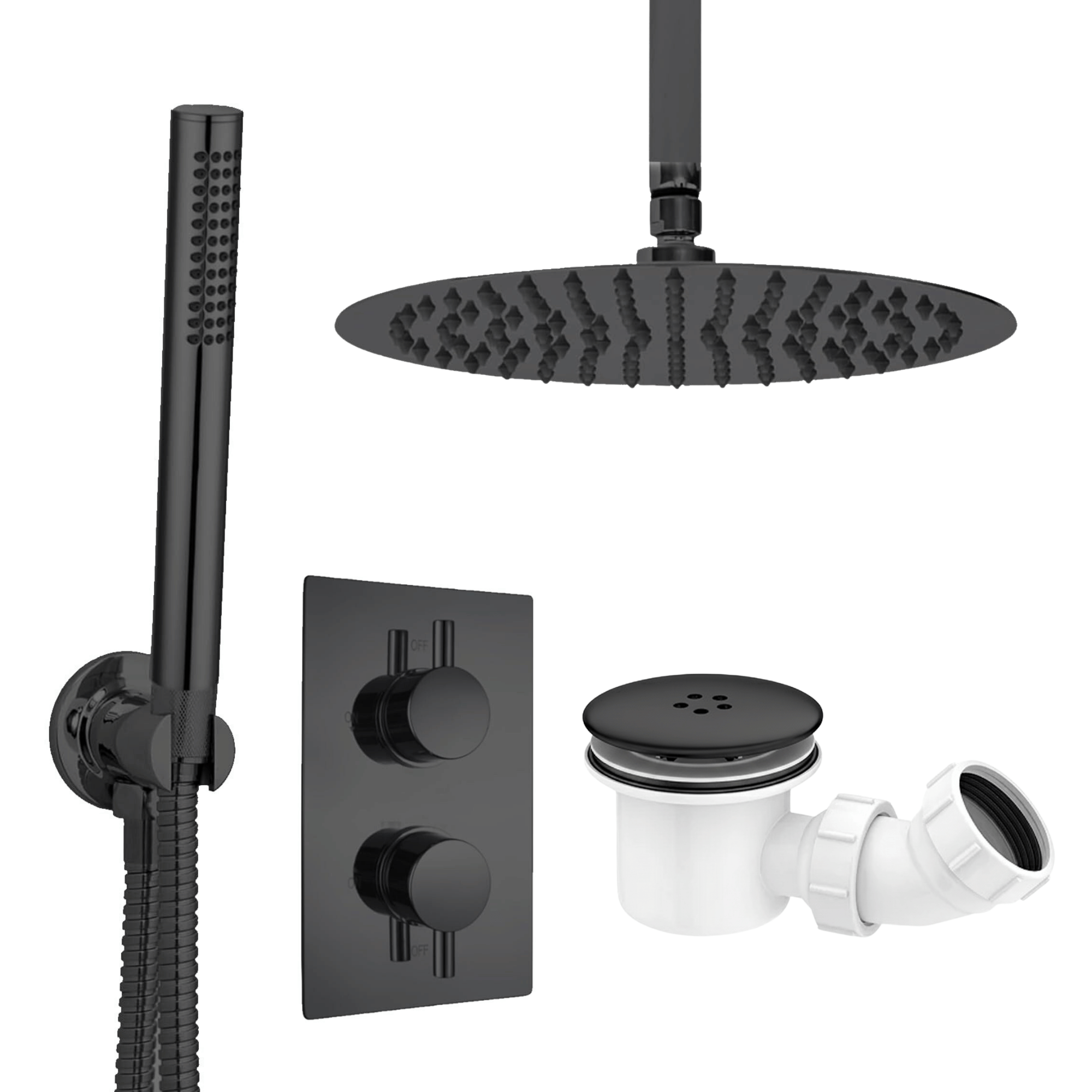 ARKO Round Concealed Thermostatic Shower Mixer 2 Dial Twin Head with Valve, Handset & Shower Waste – Black