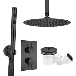ARKO Round Concealed Thermostatic Shower Mixer 2 Dial Twin Head with Valve, Handset & Shower Waste – Black