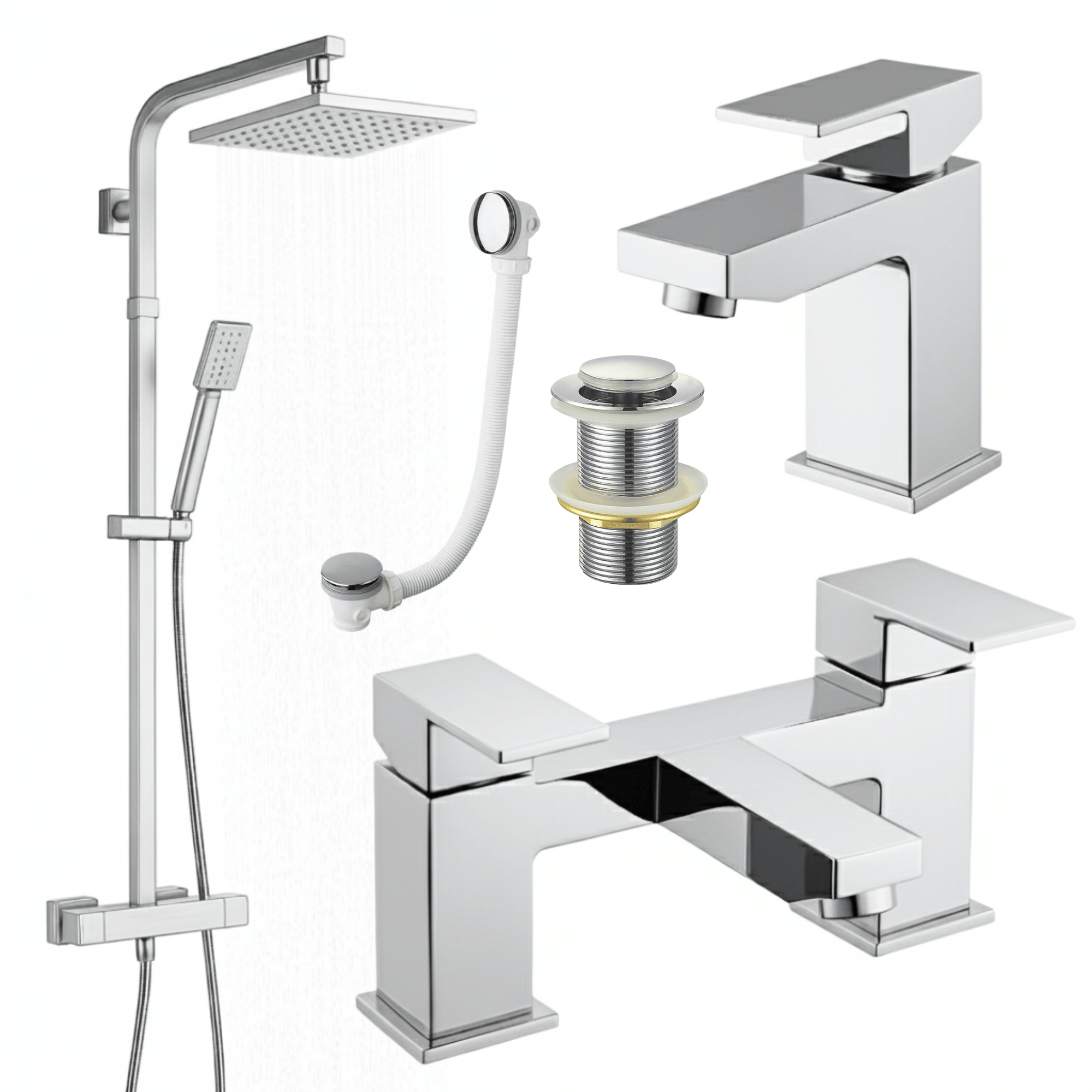 ARKO Verda Basin Mixer Tap, Bath Filler & Thermostatic Mixer Shower Set with Bath Waste – Chrome