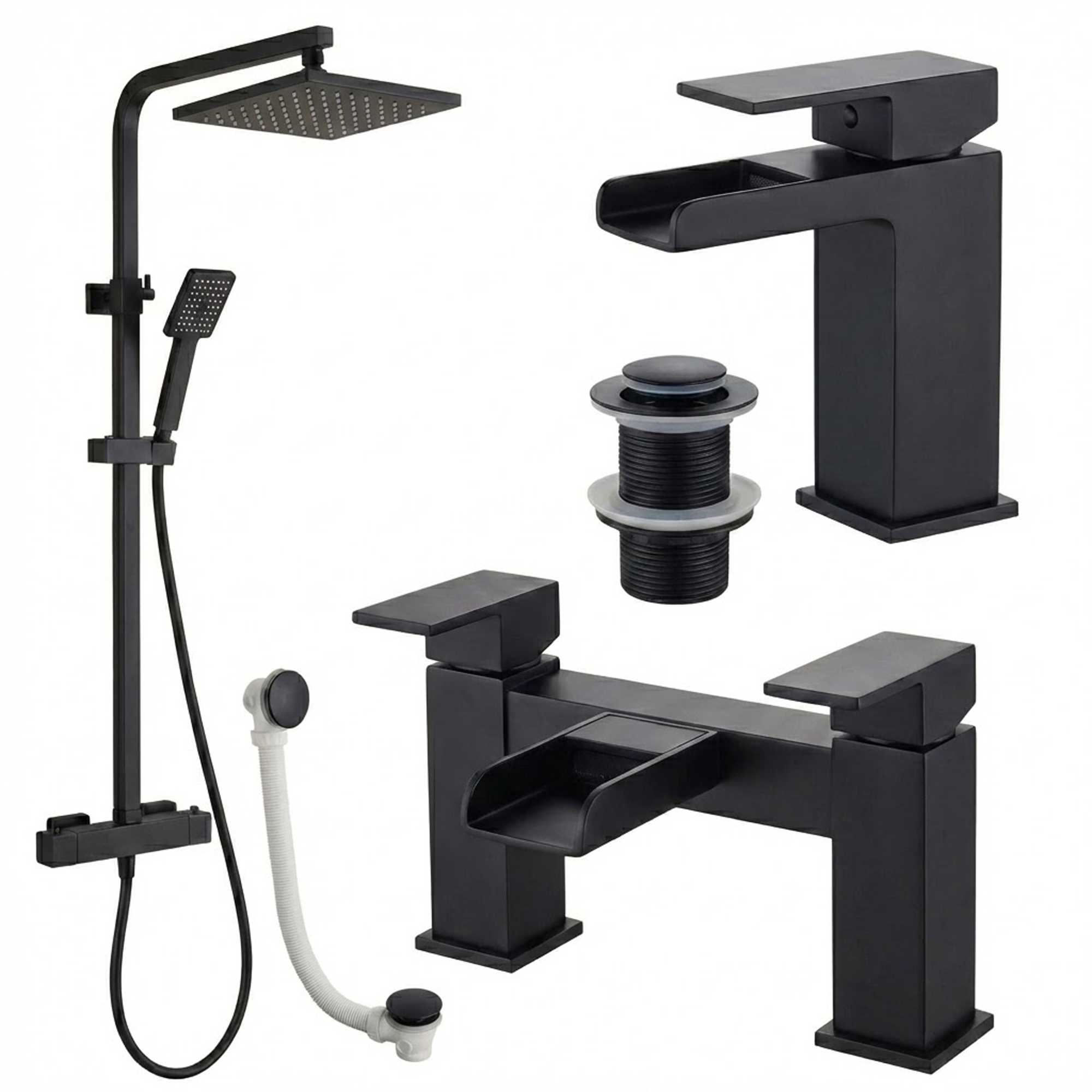 ARKO Waterfall Basin Mixer Tap, Bath Filler & Thermostatic Mixer Shower Set with Bath Waste – Black