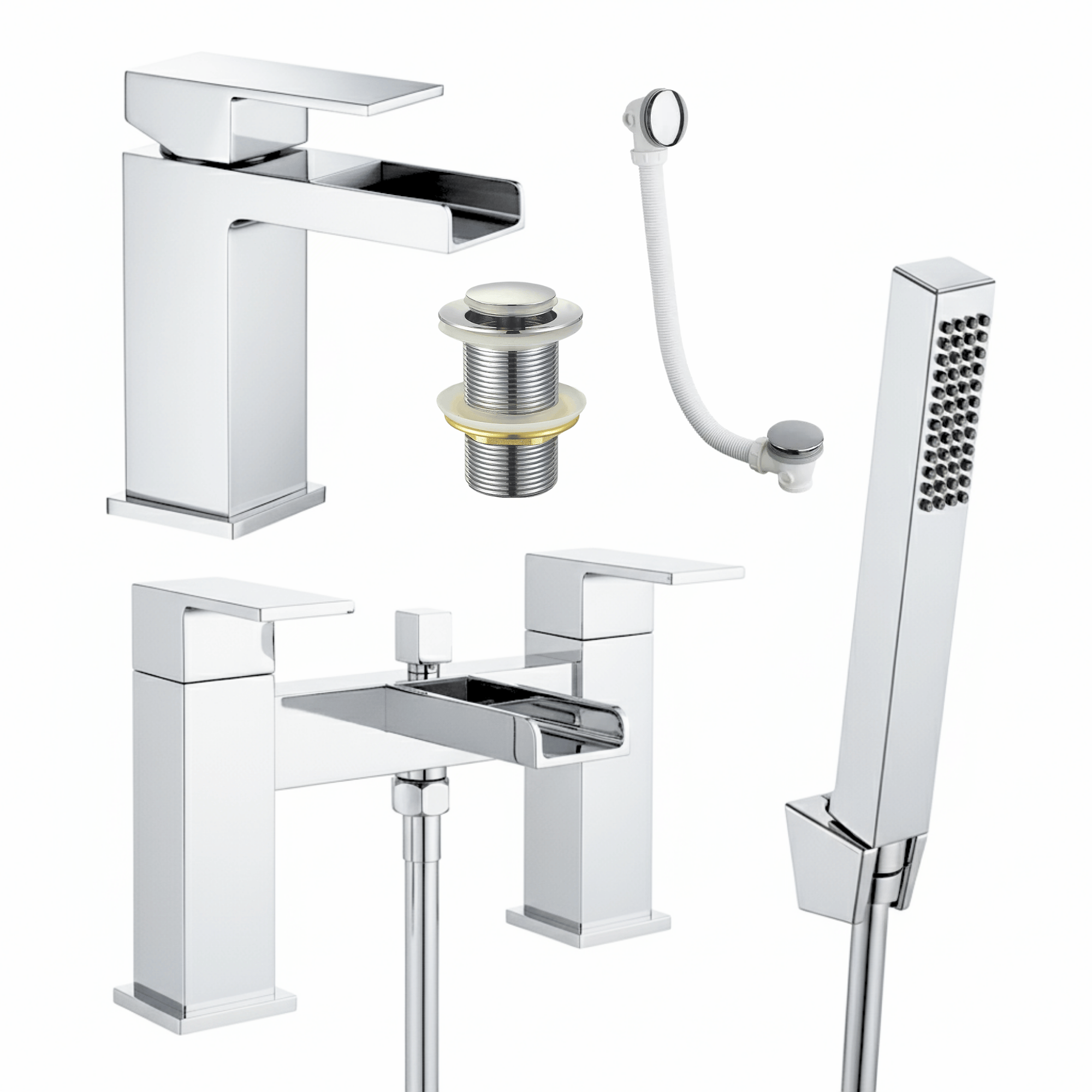 Arko Waterfall Basin Mixer Tap & Bath Shower Set with Bath Waste – Chrome