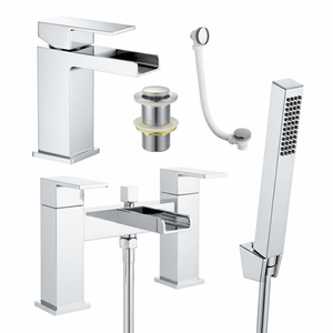 Arko Waterfall Basin Mixer Tap & Bath Shower Set with Bath Waste – Chrome