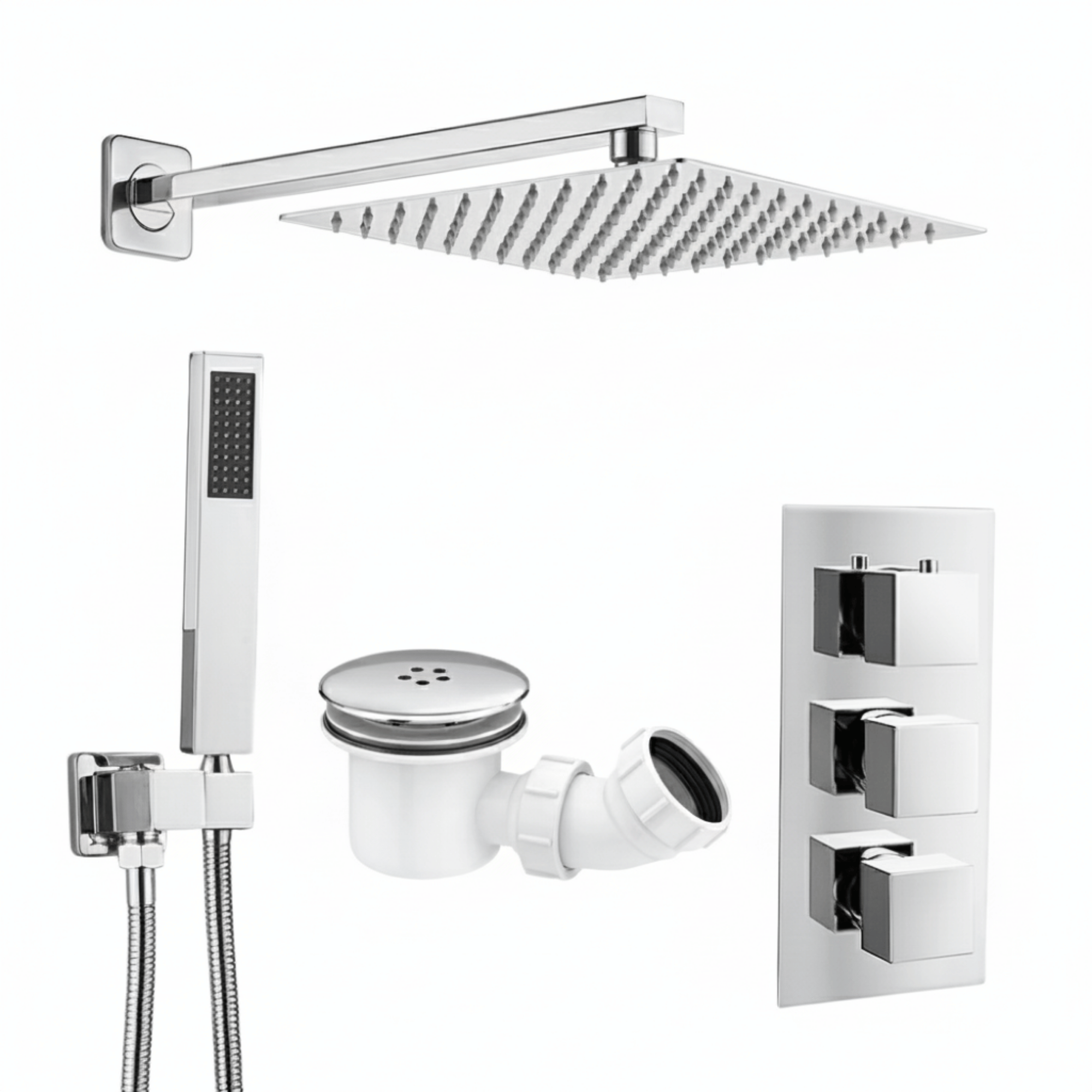 ARKO Square Concealed Thermostatic Shower Mixer 2 Dial Twin Head with Valve, Handset & Shower Waste – Chrome