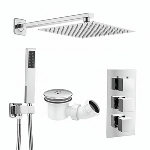 ARKO Square Concealed Thermostatic Shower Mixer 2 Dial Twin Head with Valve, Handset & Shower Waste – Chrome
