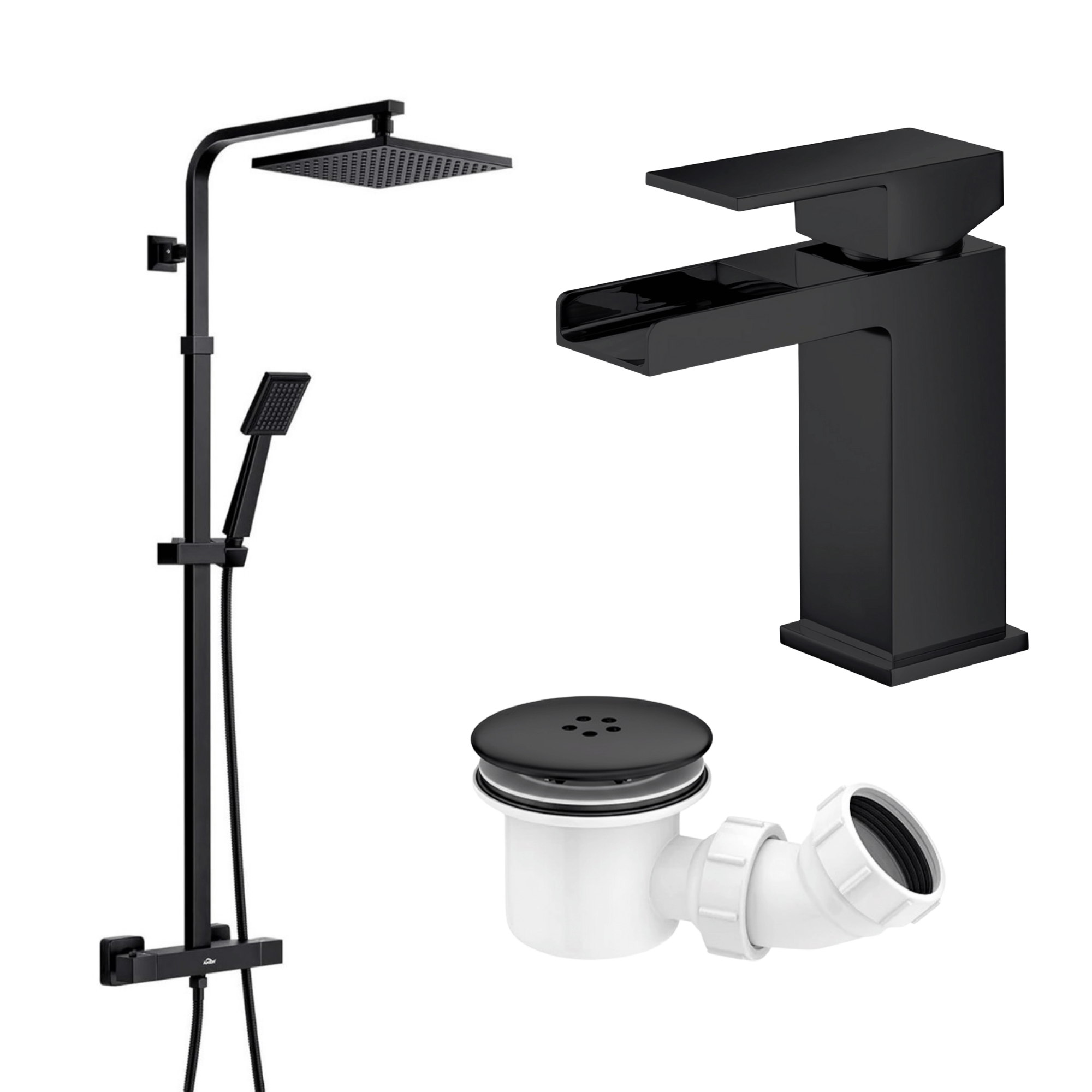 Arko Bathroom Waterfall Mixer Shower & Basin Mixer Tap Sets with Bath Shower Waste – Black