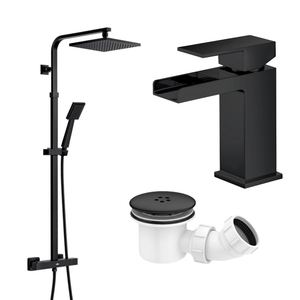Arko Bathroom Waterfall Mixer Shower & Basin Mixer Tap Sets with Bath Shower Waste – Black