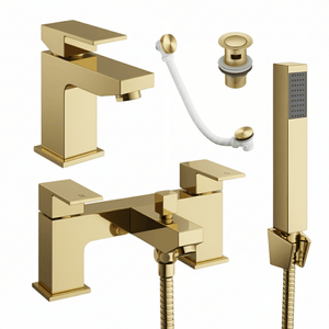 Arko Waterfall Basin Mixer Tap & Bath Shower Set with Bath Waste – Brass
