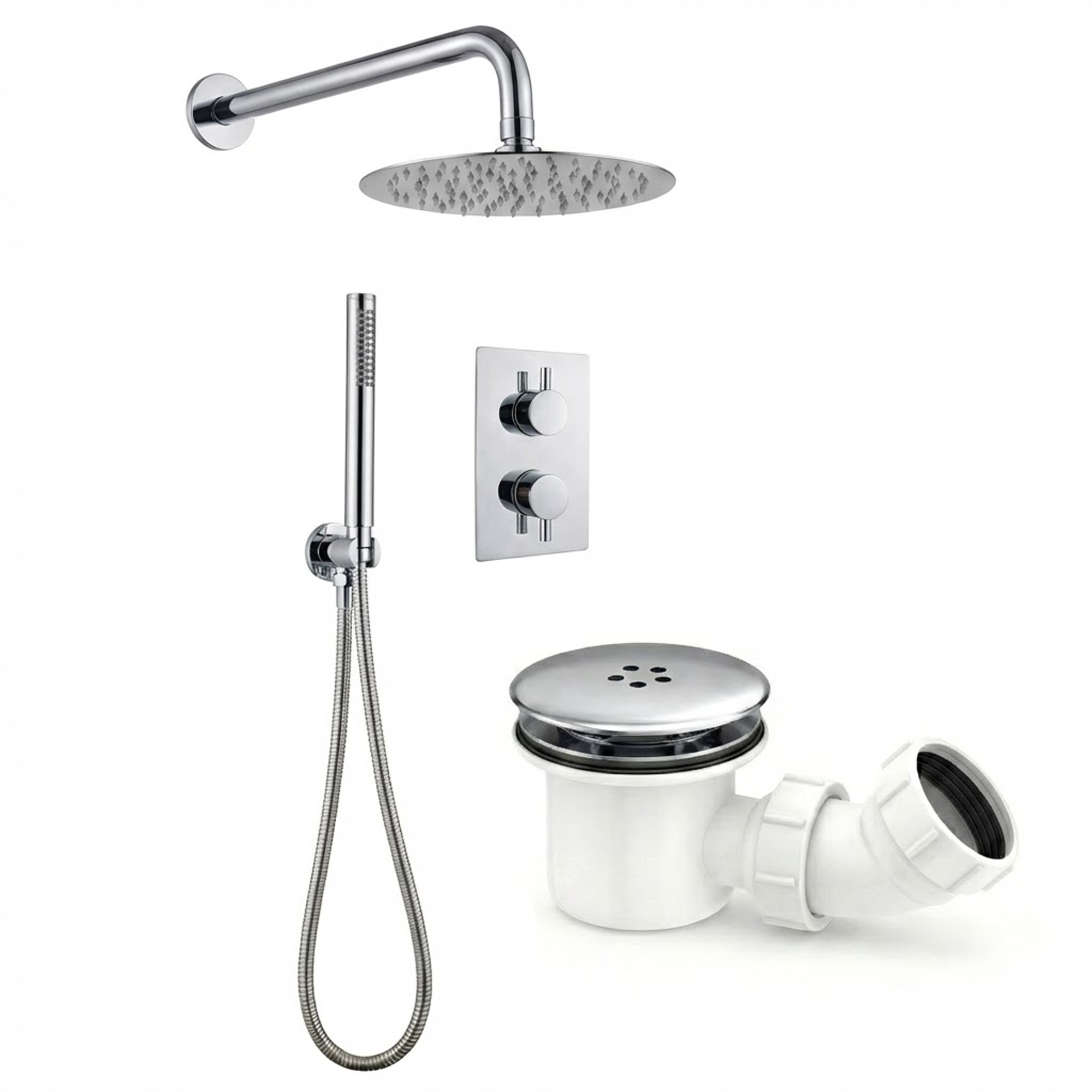 ARKO Round Concealed Thermostatic Shower Mixer 2 Dial Twin Head with Valve, Handset & Shower Waste – Chrome