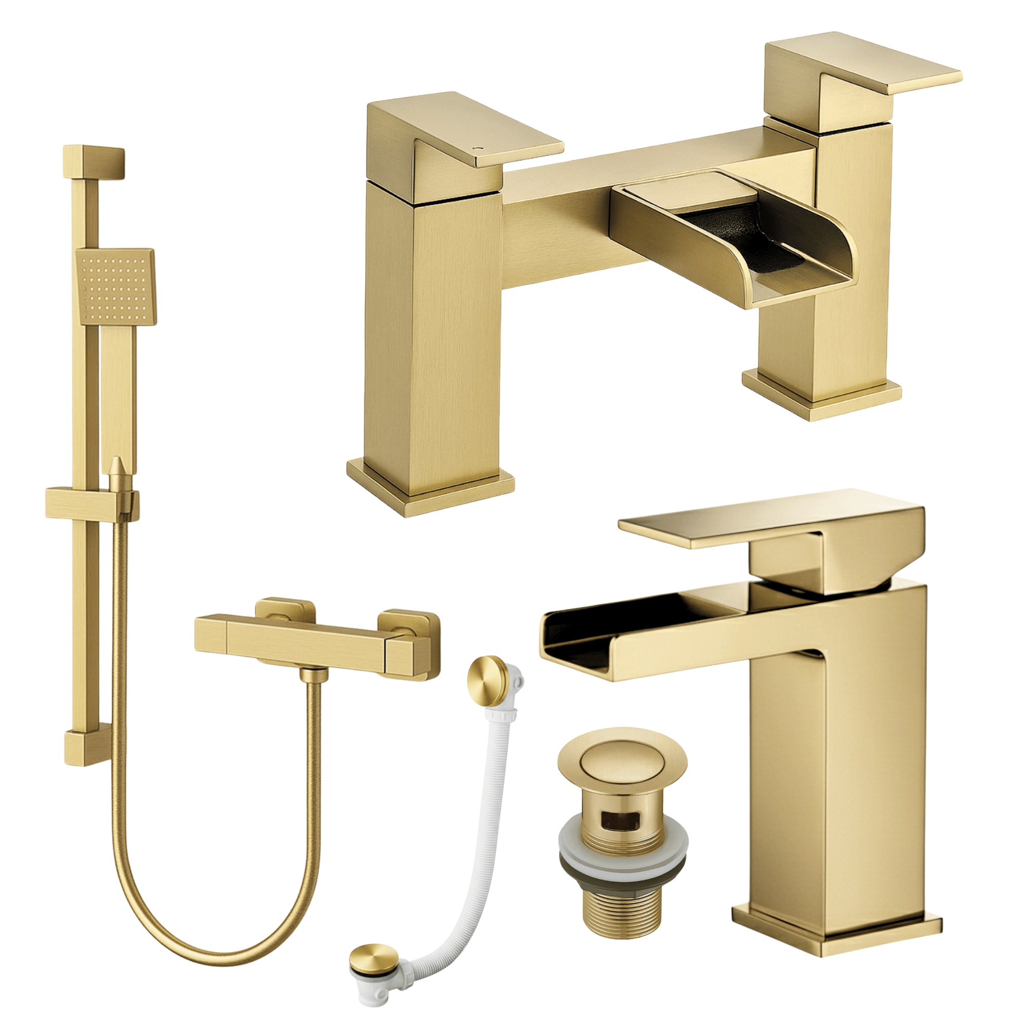 ARKO Waterfall Basin Mixer Tap, Bath Filler & Handheld Shower Set with Bath Waste – Brass