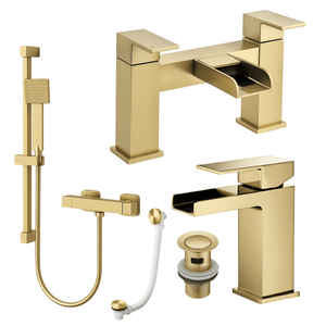 ARKO Waterfall Basin Mixer Tap, Bath Filler & Handheld Shower Set with Bath Waste – Brass
