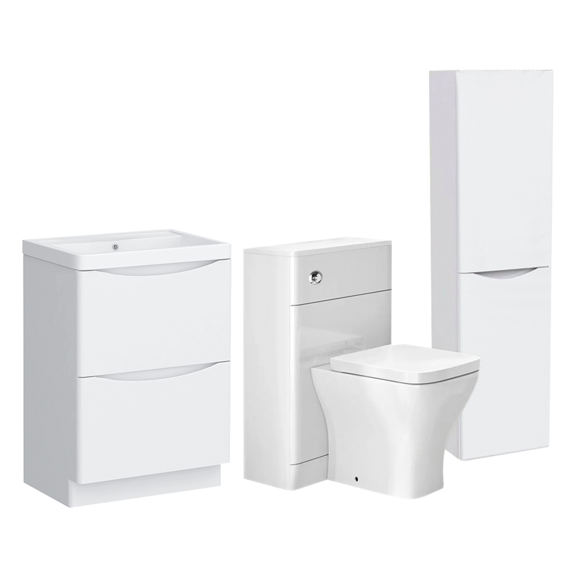 Arko Bathroom Furniture Set 600mm Vanity Unit with Basin, BTW WC Unit with Soft-Close Seat & 1500mm Tall Storage Cabinet –White