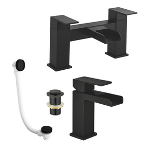 Arko Waterfall Bath and Basin Mixer Tap with Bath Waste Set -Black