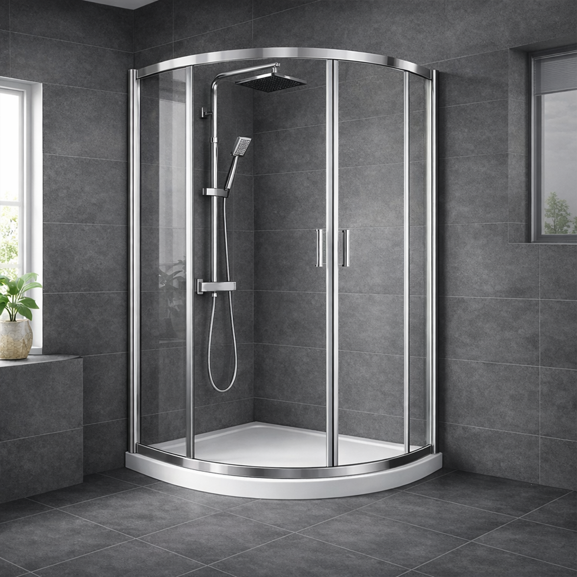 ARKO Square Rainfall Shower System with Handheld Spray & Curved Glass Sliding Shower Enclosure with Tray  - Chrome