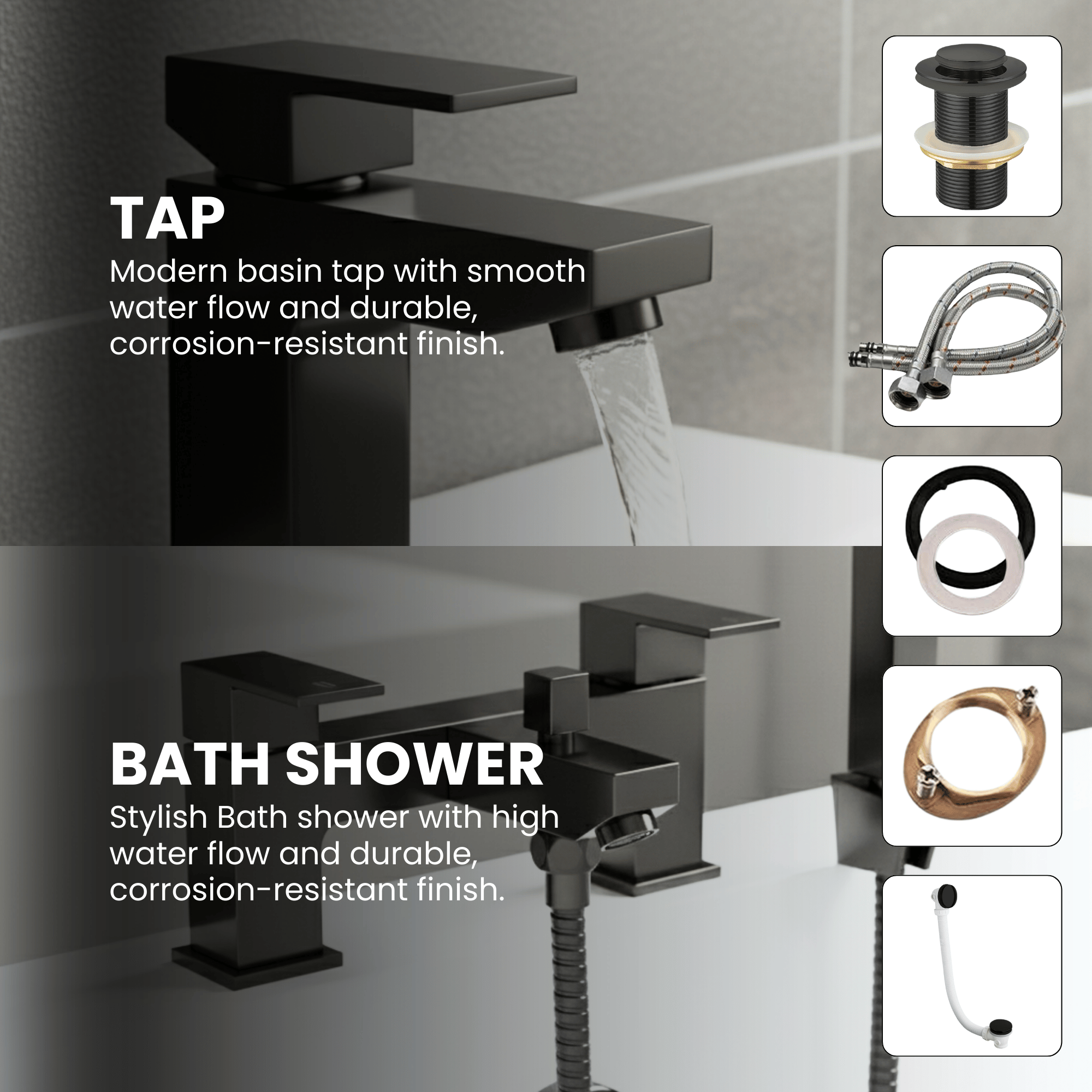 Arko Verda Basin Mixer Tap & Bath Shower Set with Bath Waste – Black