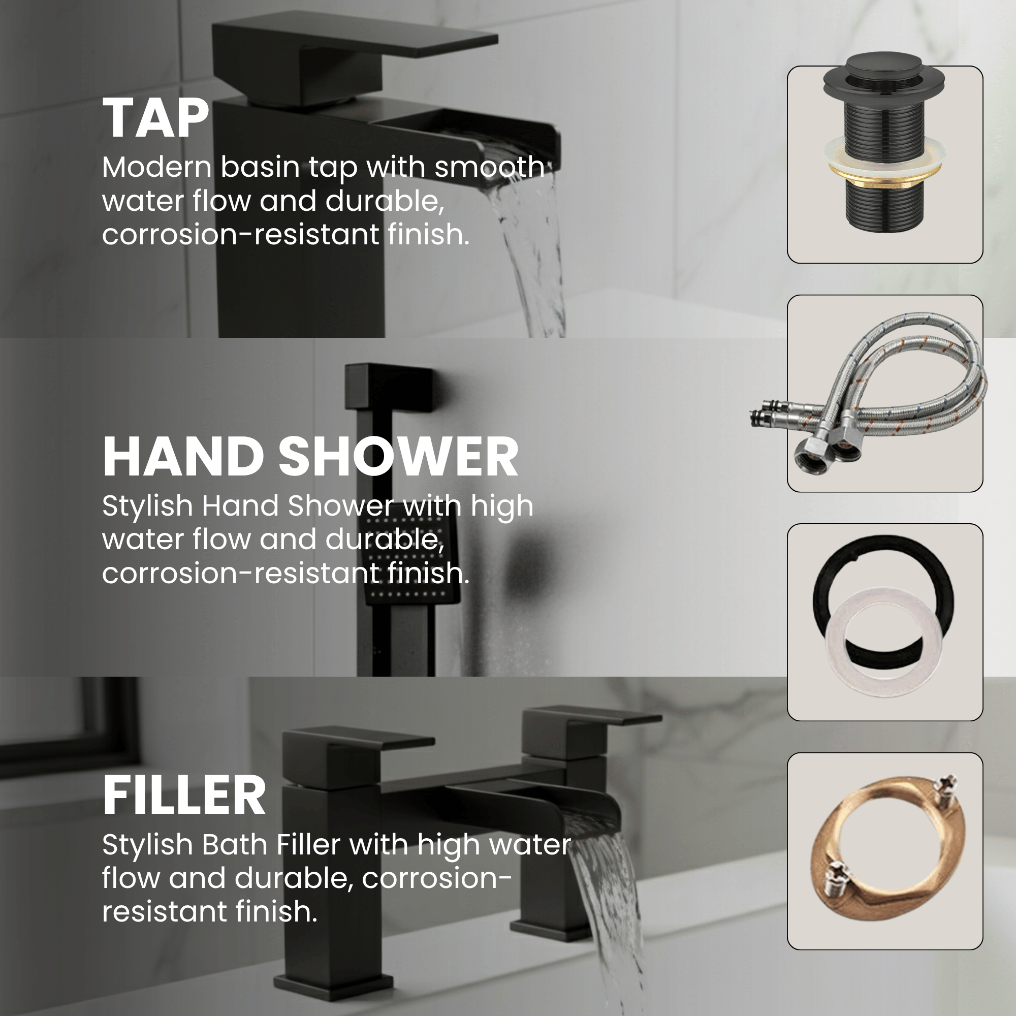 ARKO Waterfall Bath Filler & Hand Shower Set – Black