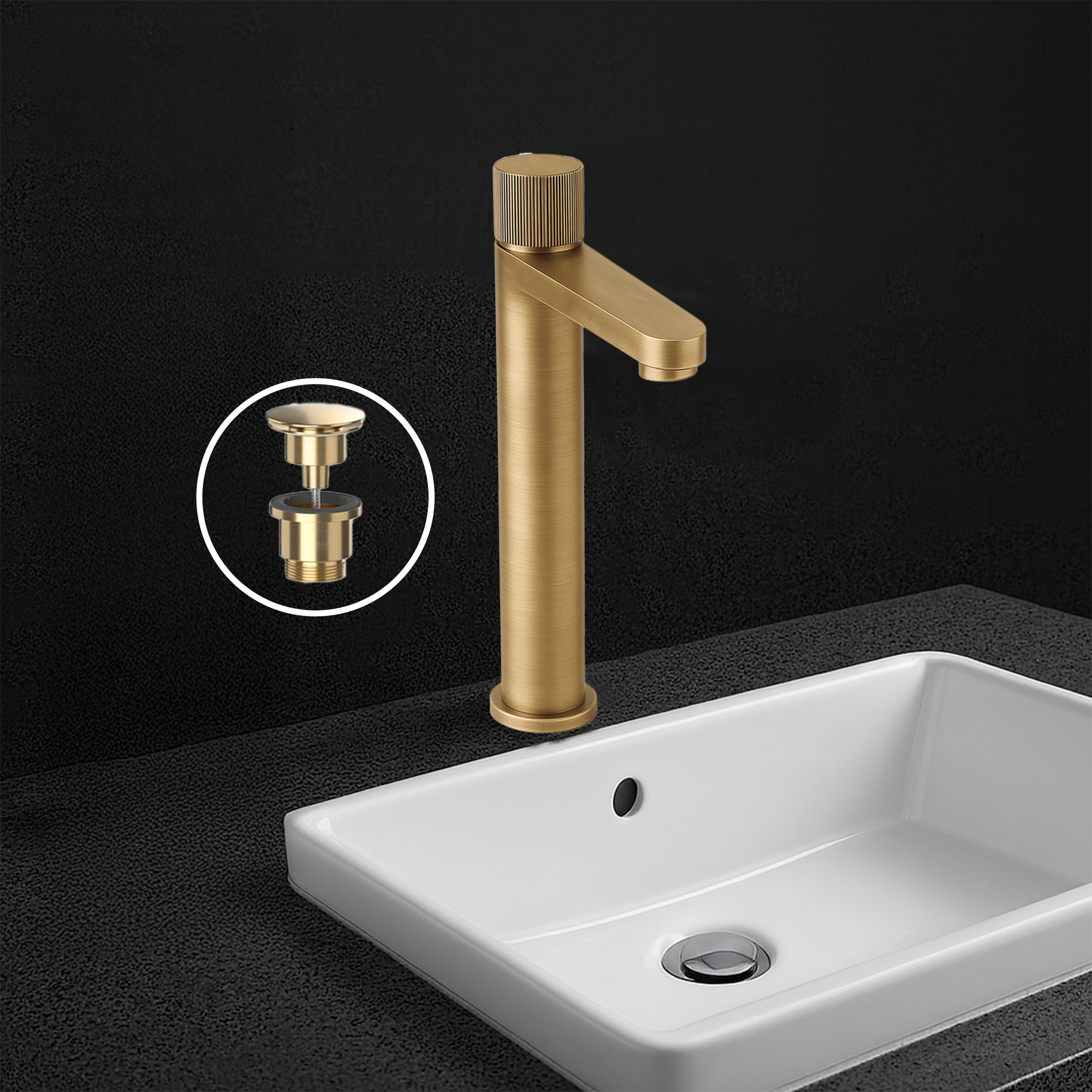Round Tall Basin Mixer Tap, Flute Handle - Solid Brass