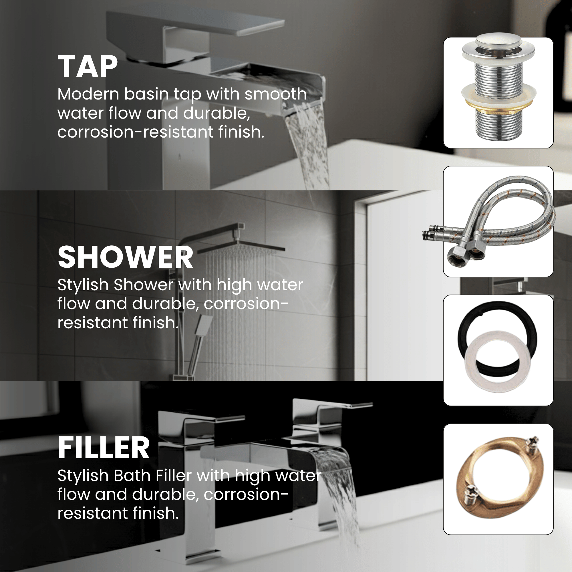 ARKO Waterfall Bath Filler & Mixer Shower Set – Chrome