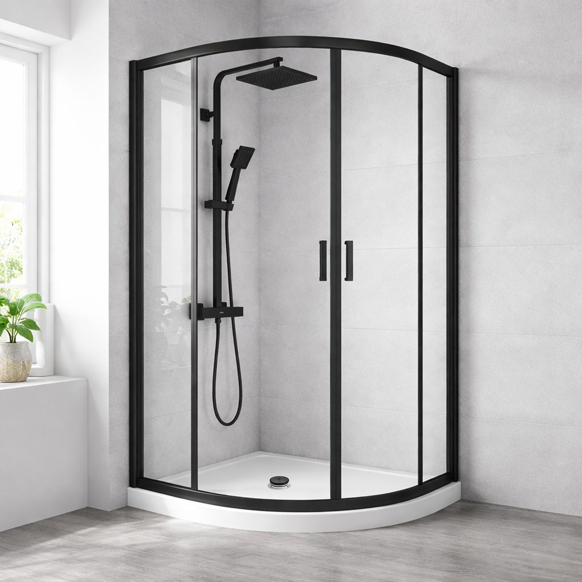 ARKO Square Rainfall Shower System with Handheld Spray & Curved Glass Sliding Shower Enclosure with Waste  - Matte Black