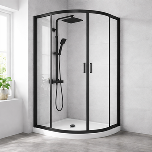 ARKO Square Rainfall Shower System with Handheld Spray & Curved Glass Sliding Shower Enclosure with Tray & Waste - Black