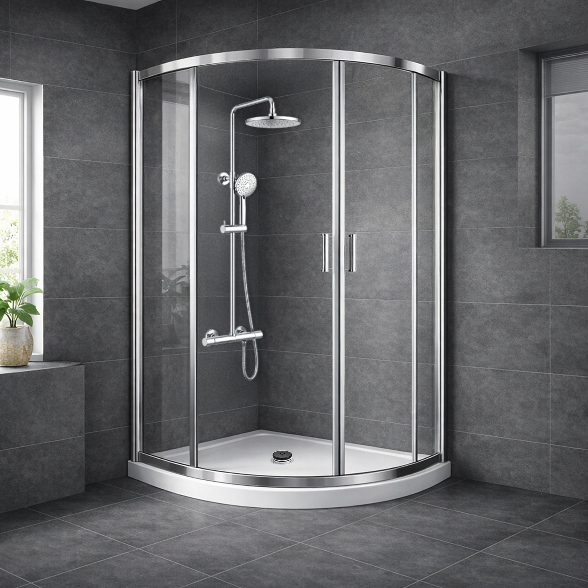 ARKO Round Rainfall Shower System with Handheld Spray & Curved Glass Sliding Shower Enclosure with Waste  - Chrome