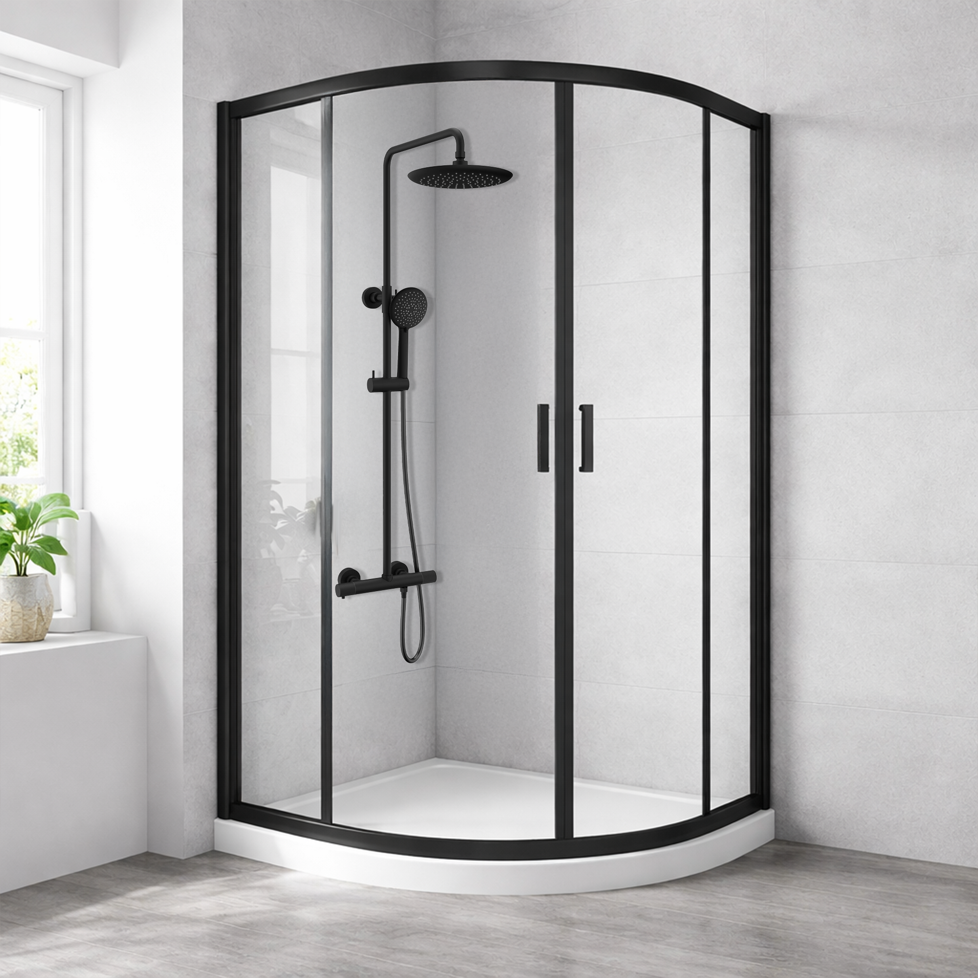 ARKO Round Rainfall Shower System with Handheld Spray & Curved Glass Sliding Shower Enclosure with Tray & Waste - Black