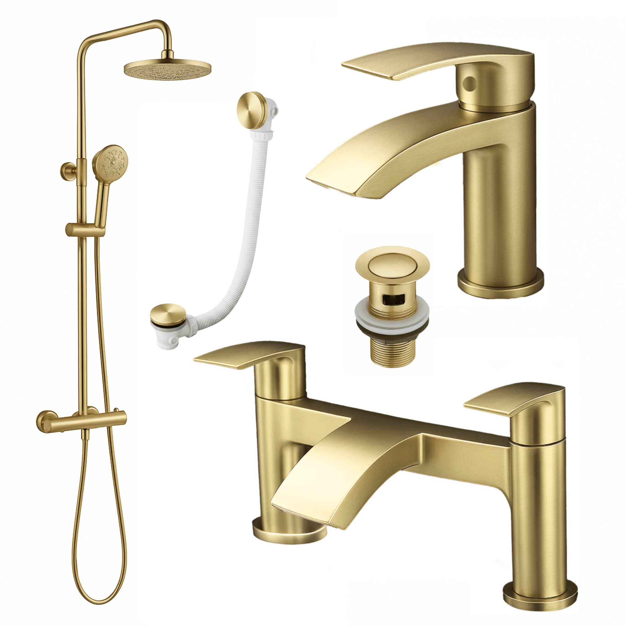 ARKO Capri Basin Mixer Tap, Bath Filler & Thermostatic Mixer Shower Set with Bath Waste – Brass