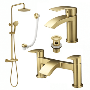 ARKO Capri Basin Mixer Tap, Bath Filler & Thermostatic Mixer Shower Set with Bath Waste – Brass