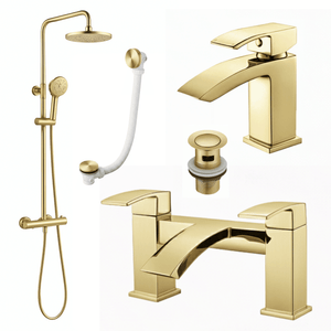 ARKO Vista Basin Mixer Tap, Bath Filler & Thermostatic Mixer Shower Set with Bath Waste – Brass