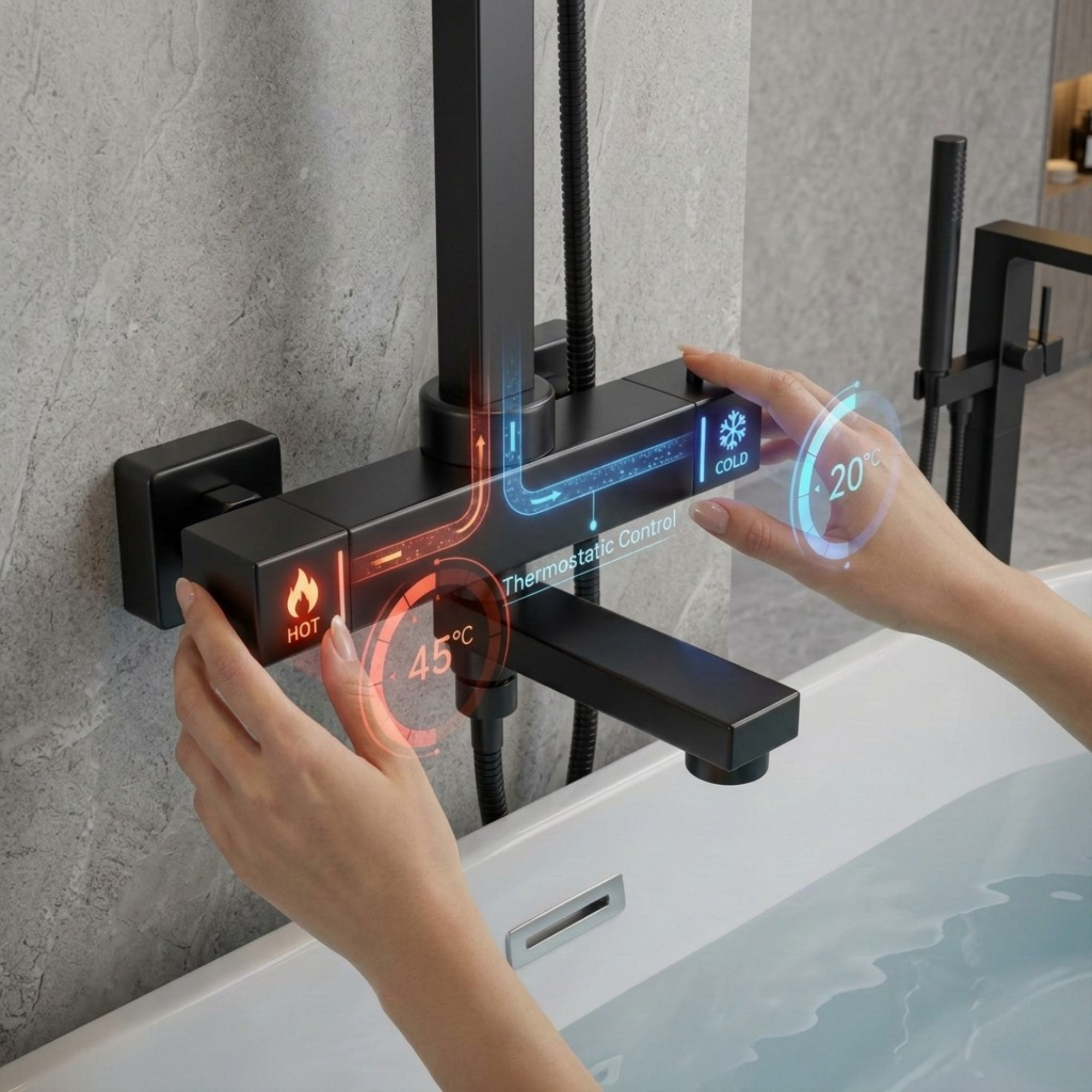 Arko Modern Square Thermostatic Shower  with Filler – Matte Black