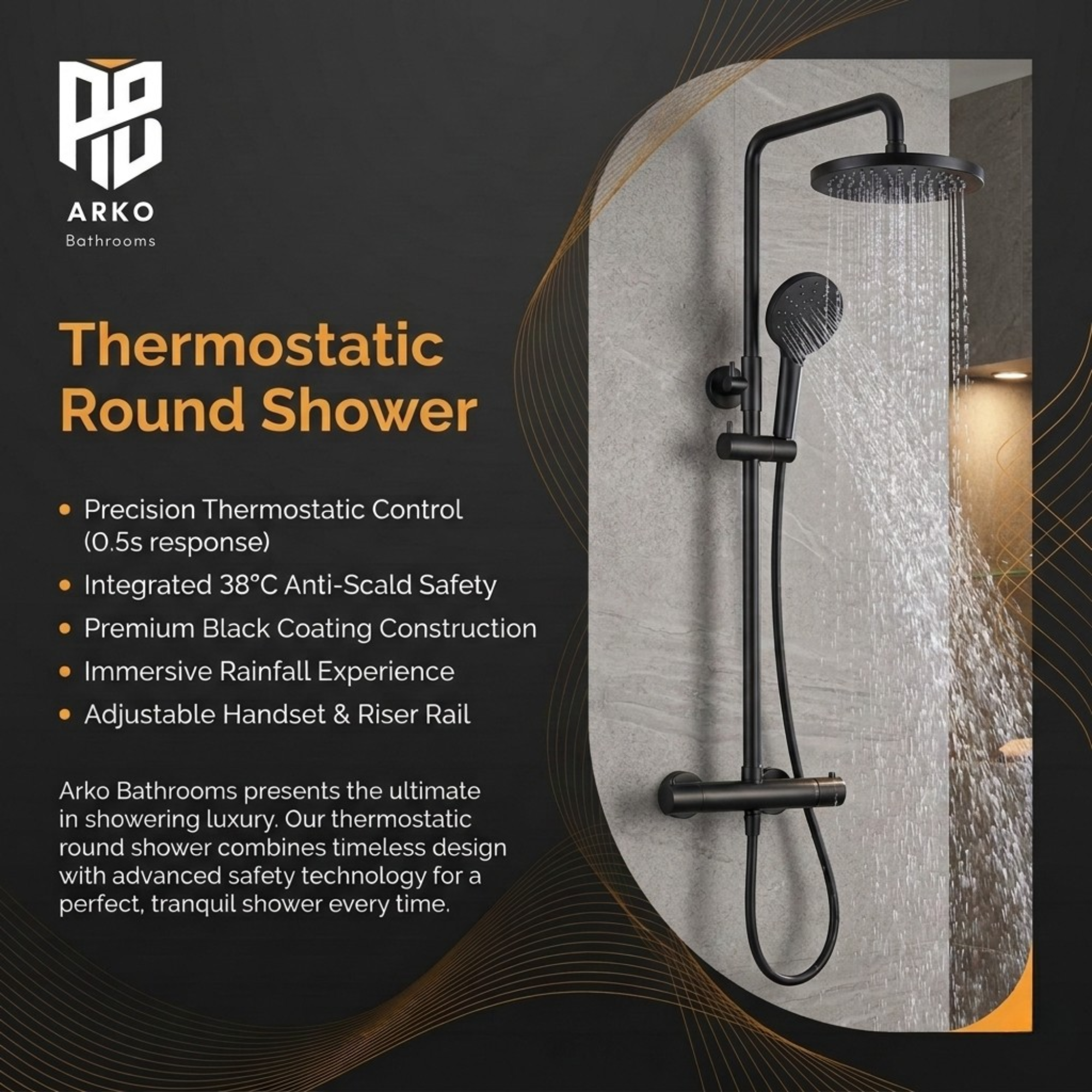 Arko Modern Round Thermostatic Shower - Matt Black