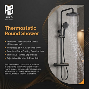 Arko Modern Round Thermostatic Shower - Matt Black
